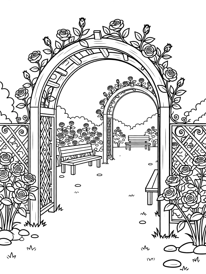 A rose garden with archways and decorative trellises
