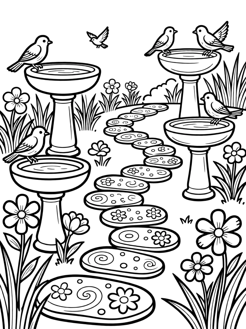A spring garden with bird baths and decorative stepping stones