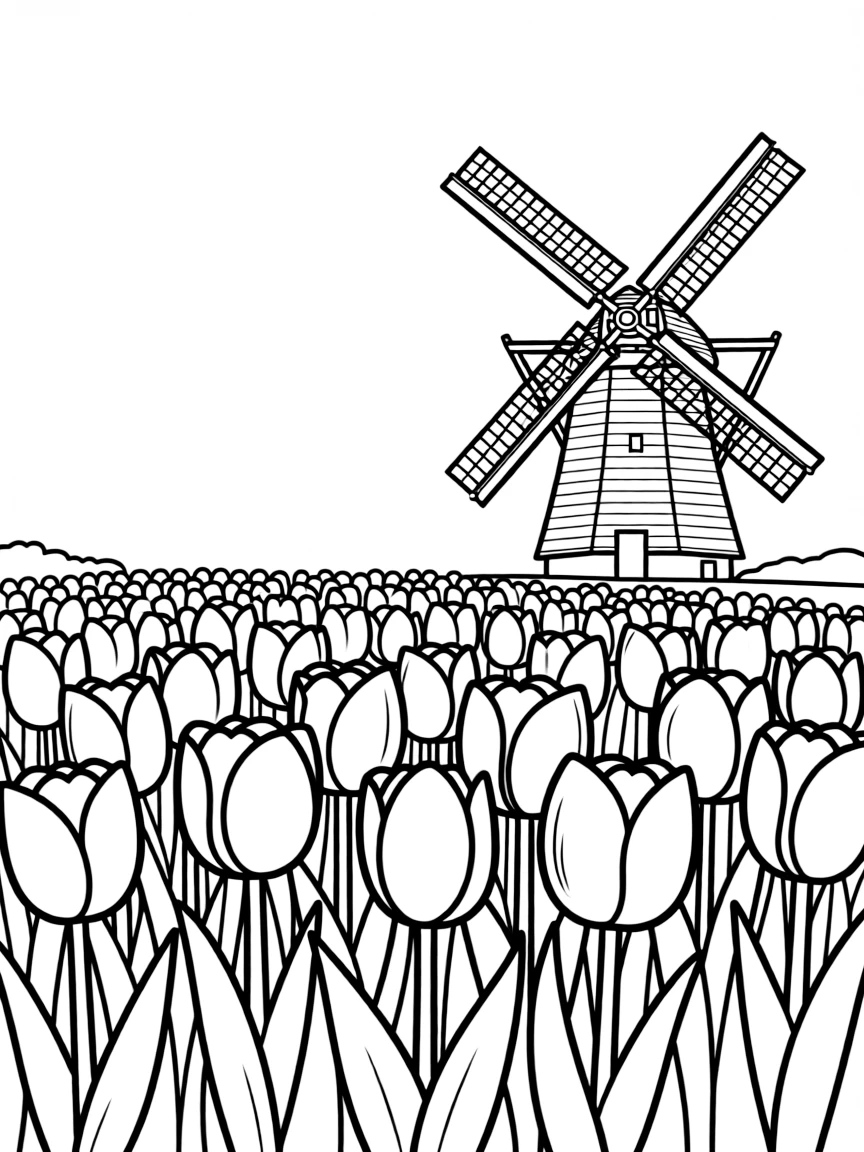 A tulip field with a Dutch windmill in the background