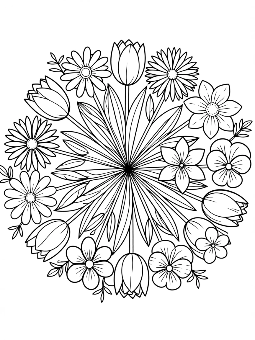 An array of spring flowers arranged in a color wheel pattern