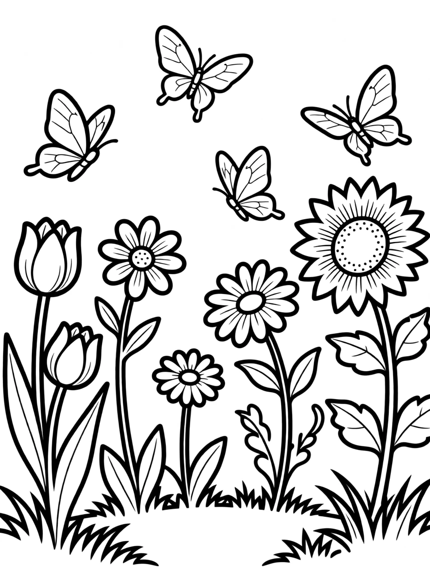 Butterflies dancing around a spring flower garden