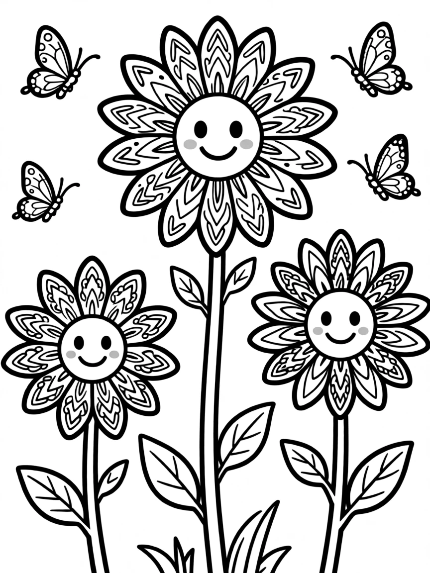 Daisies with elaborate petal patterns and smiling faces