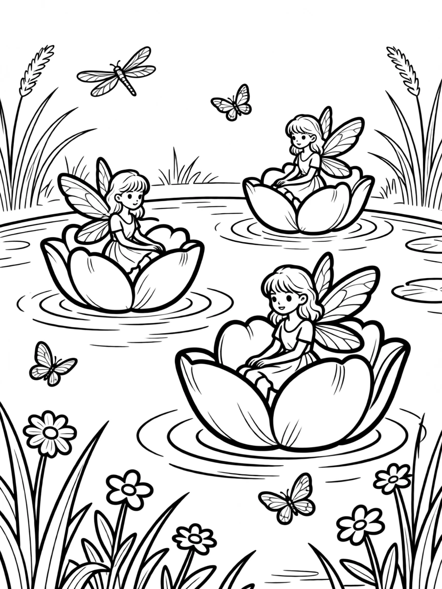 Flower fairies using tulips as boats on a spring pond