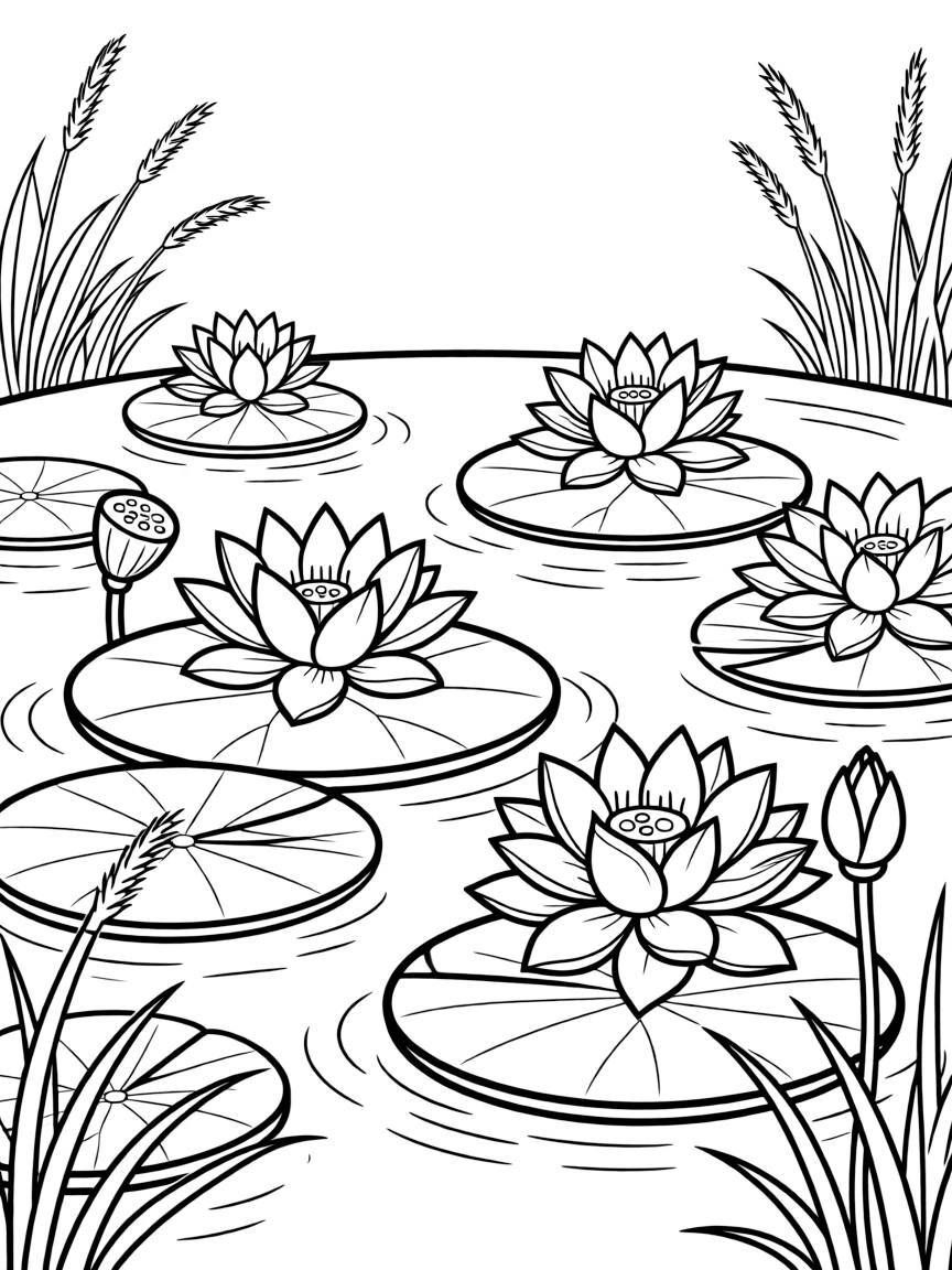 Lily pads with blooming lotus flowers in a spring pond