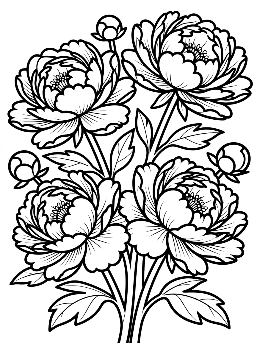 Peonies with layered petals unfolding in intricate patterns