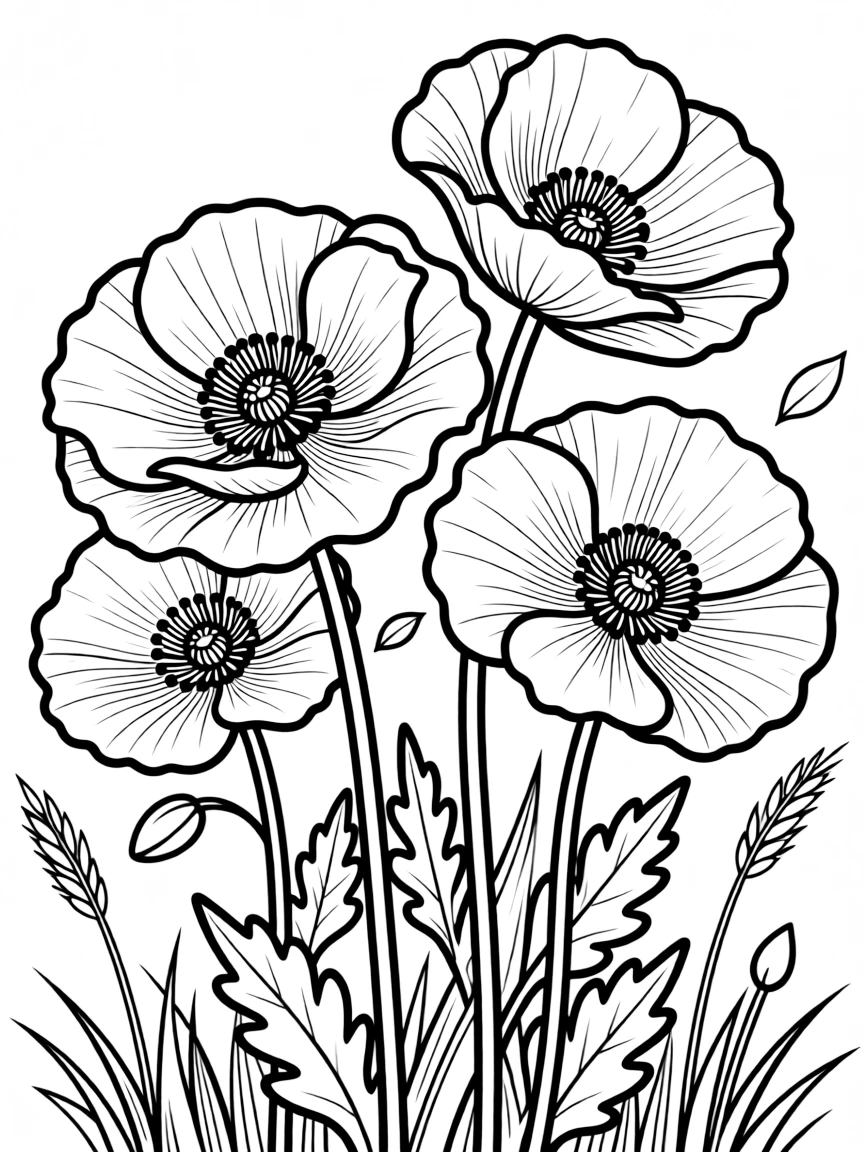 Poppies with detailed centers and flowing petals