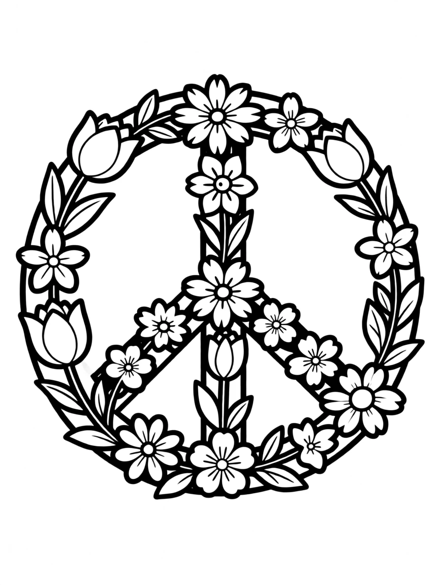 Spring flowers arranged in a peace sign pattern