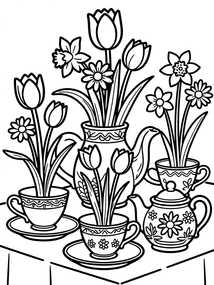 Spring flowers growing in antique teacups and teapots