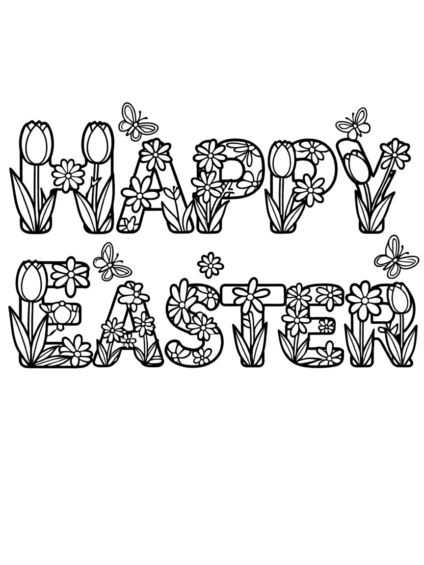 Spring flowers in bloom spelling out "Happy Easter"