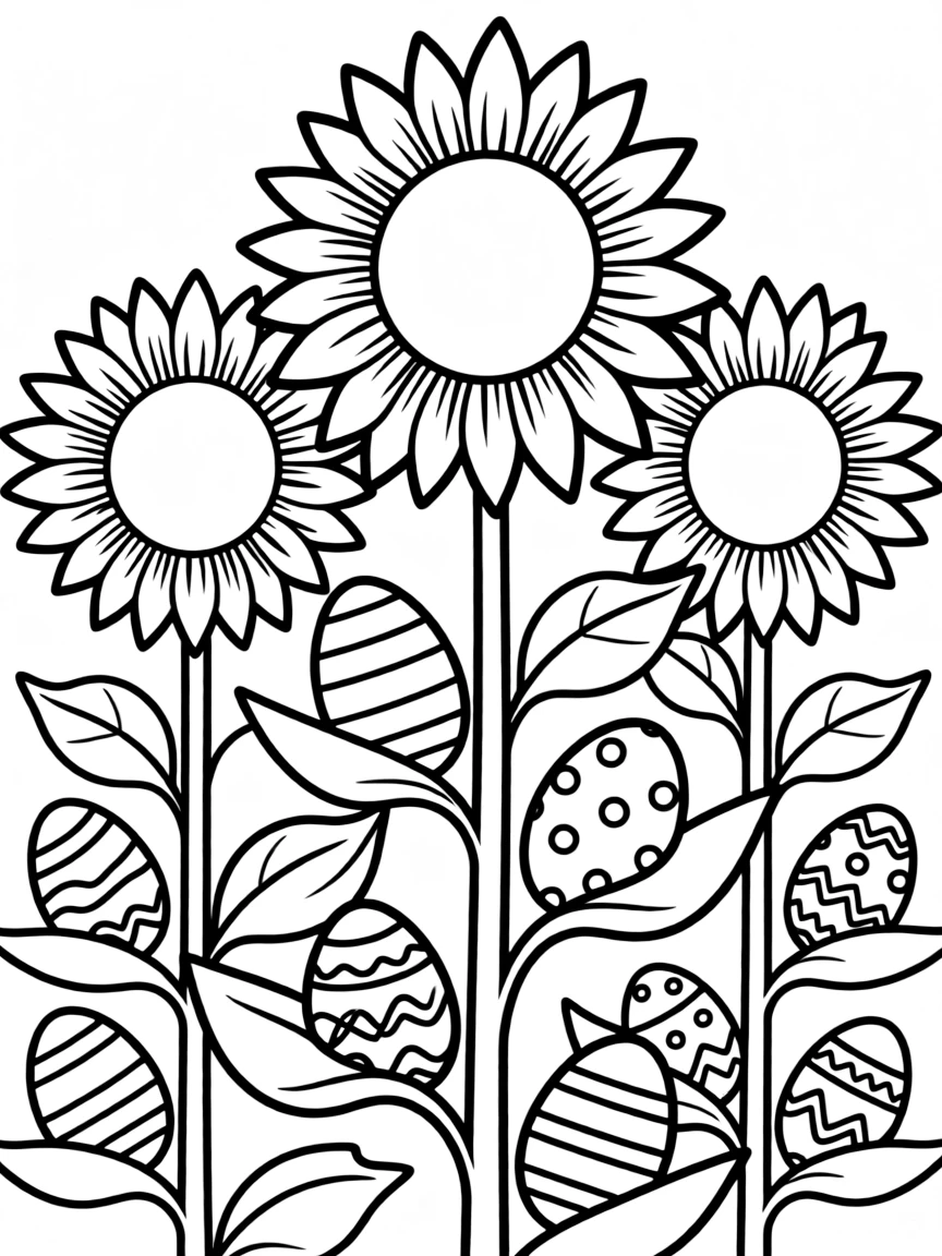 Sunflowers with Easter eggs hidden among their leaves