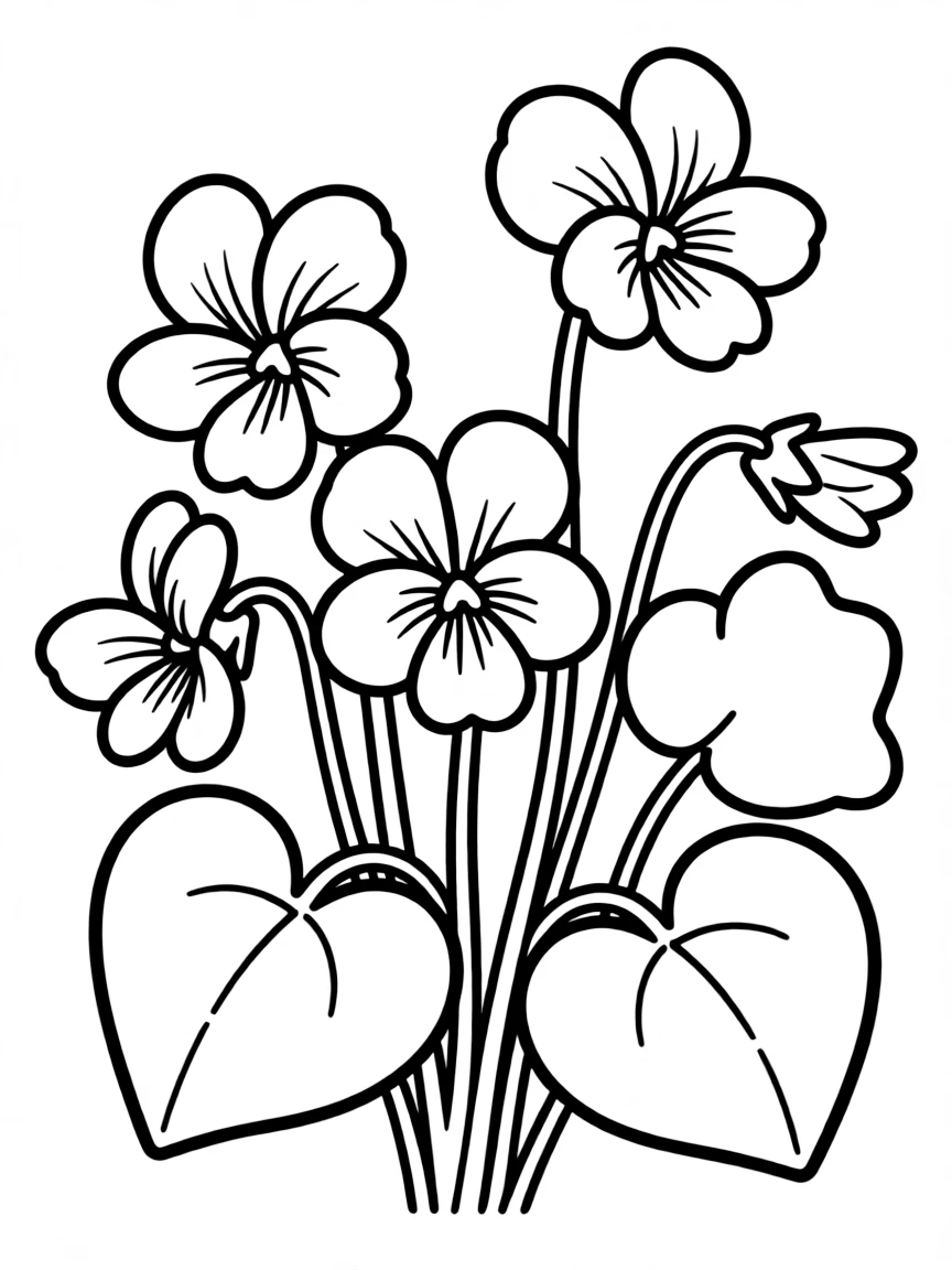 Violets with heart-shaped leaves and delicate flowers