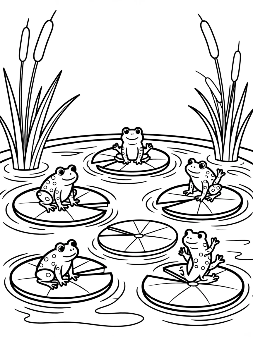 Water lilies floating on a spring pond with frogs