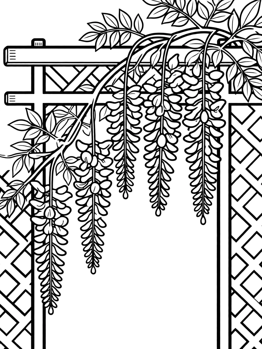 Wisteria vines cascading down a garden trellis