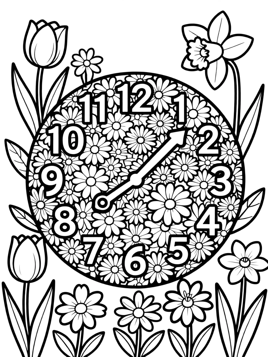 A clock made of spring flowers showing the time of renewal