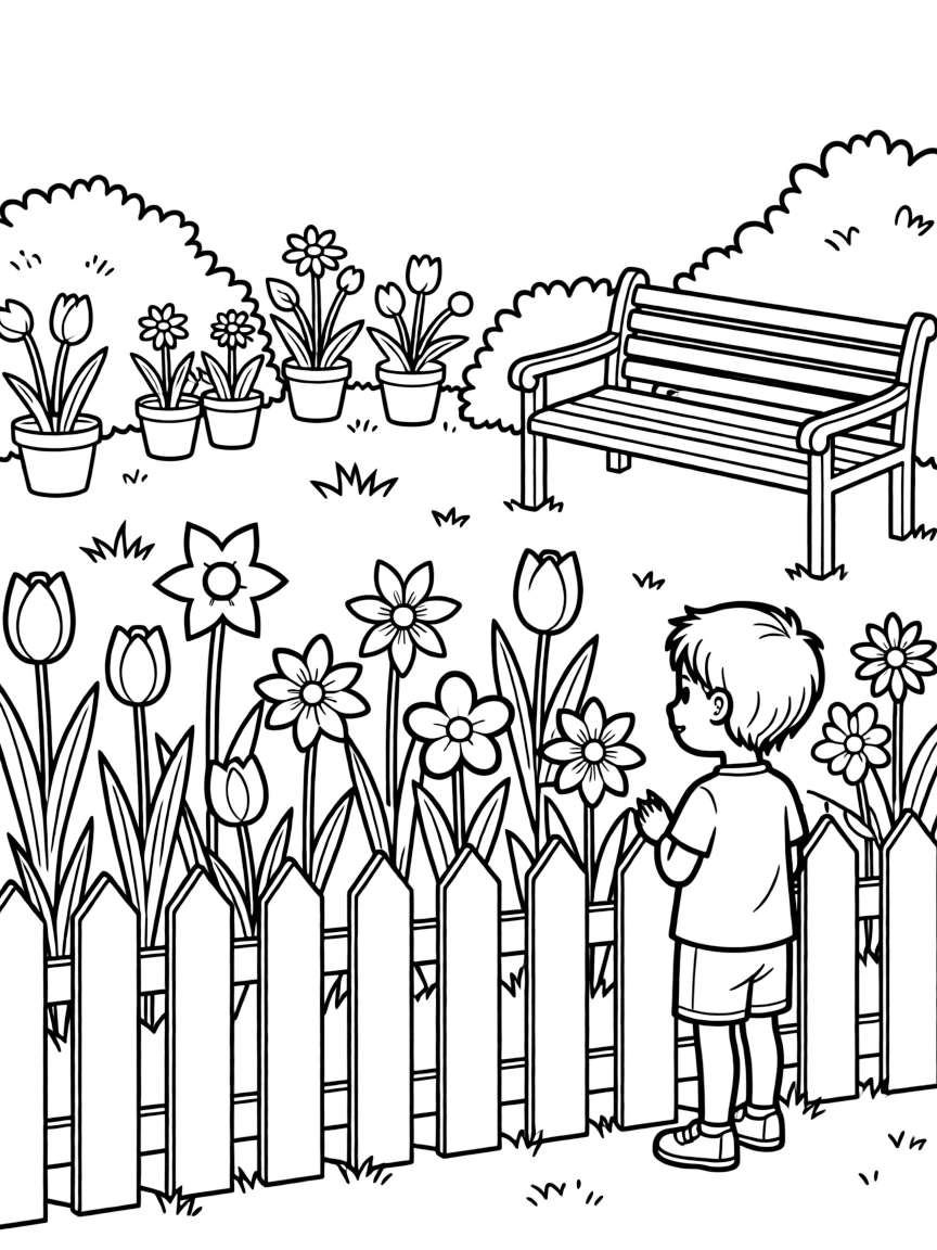 A cottage garden with spring flowers and picket fence