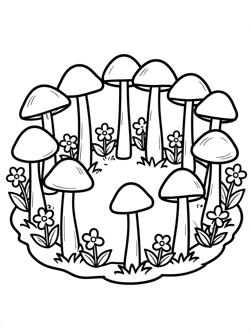 A fairy ring of mushrooms with spring flowers growing around it