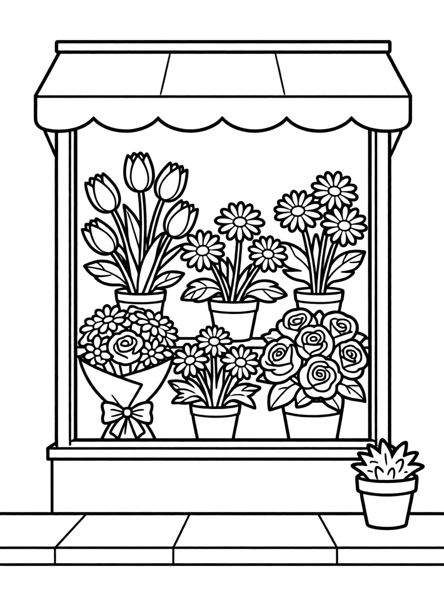 A flower shop window displaying spring bouquets