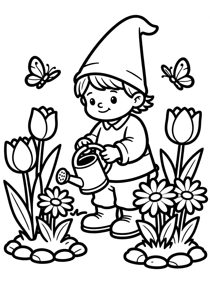 A garden gnome tending to spring flower beds