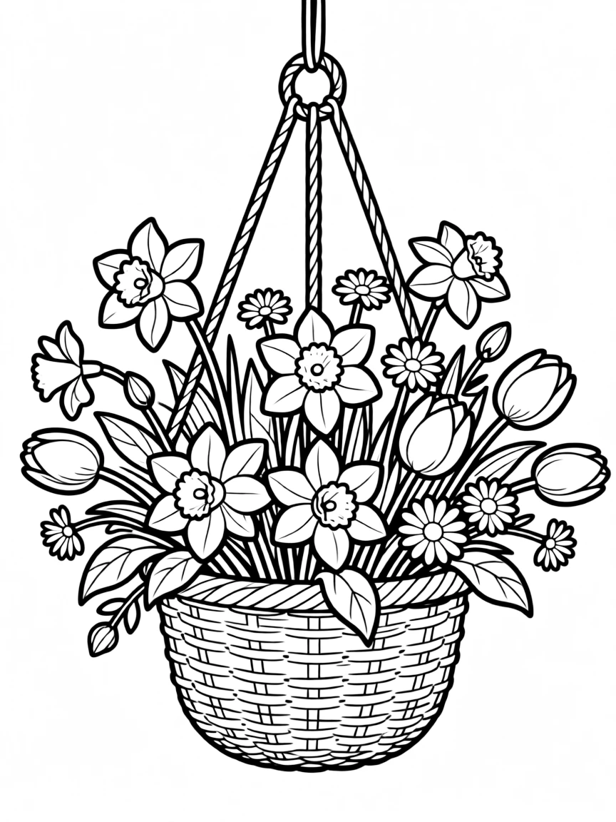 A hanging basket overflowing with spring flowers