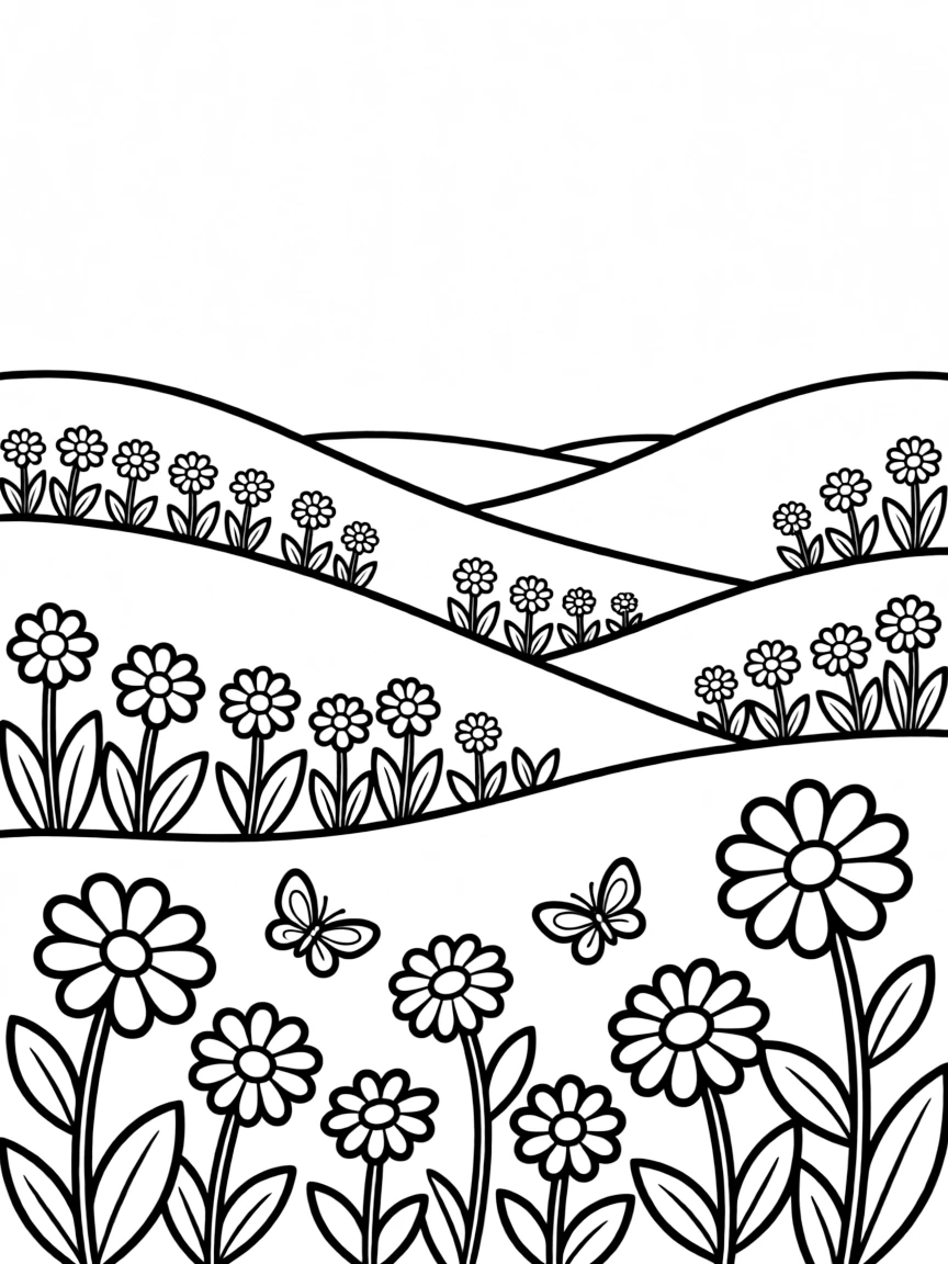 A landscape of rolling hills covered in spring wildflowers