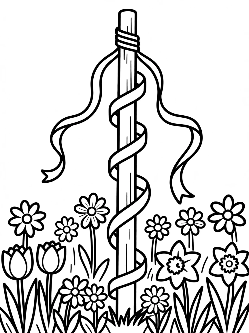 A May Day pole wrapped with ribbons among spring flowers