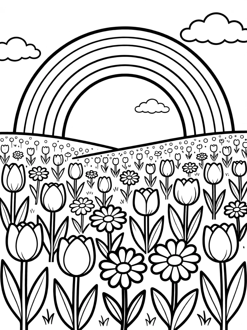 A meadow of spring flowers with a rainbow arching overhead