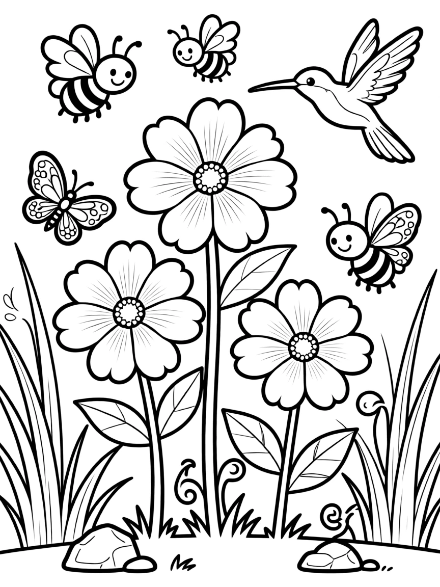 A pollinator garden with bees, butterflies, and hummingbirds