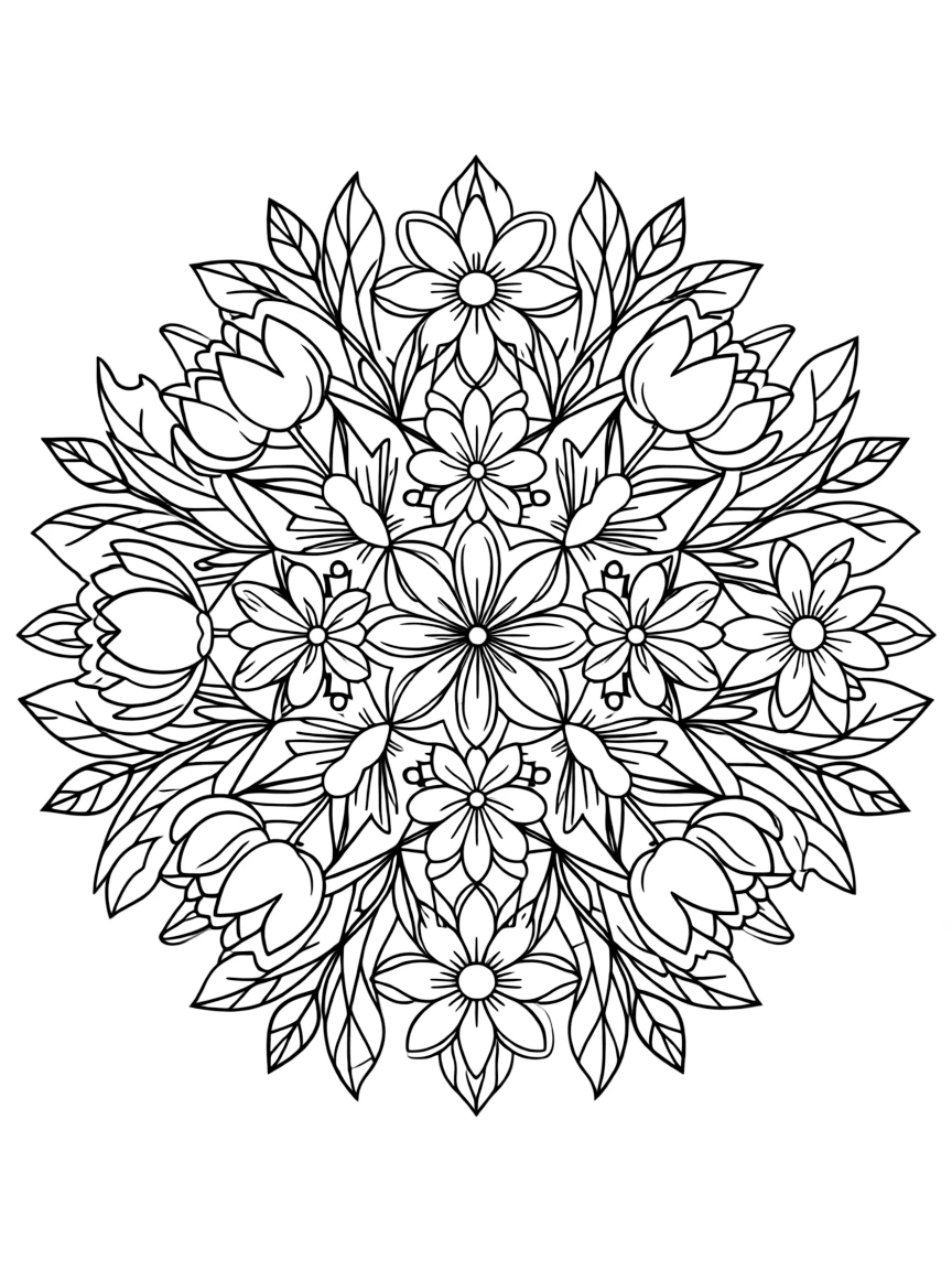 A nature mandala created with spring flowers and leaves