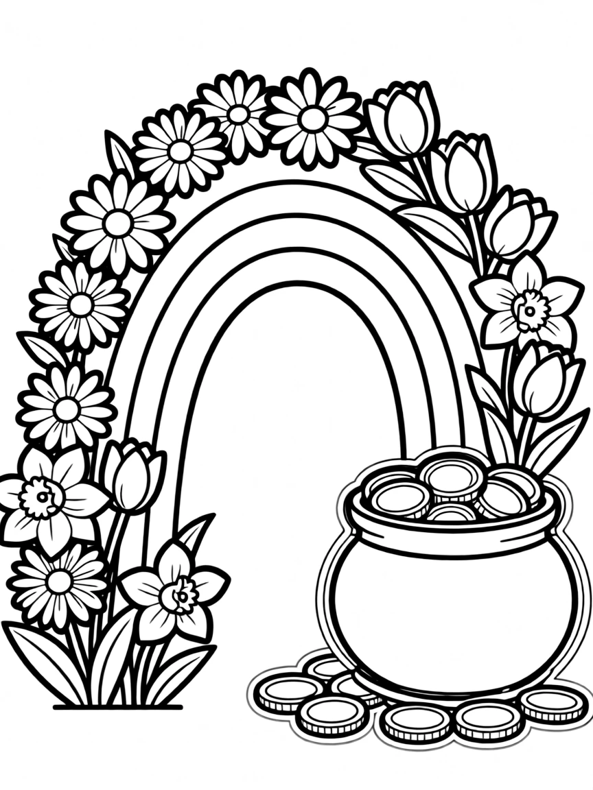A pot of gold at the end of a rainbow made of spring flowers