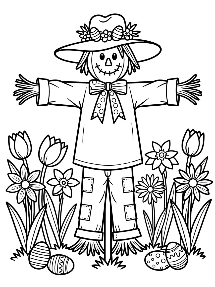 A scarecrow in a spring flower garden wearing Easter decorations