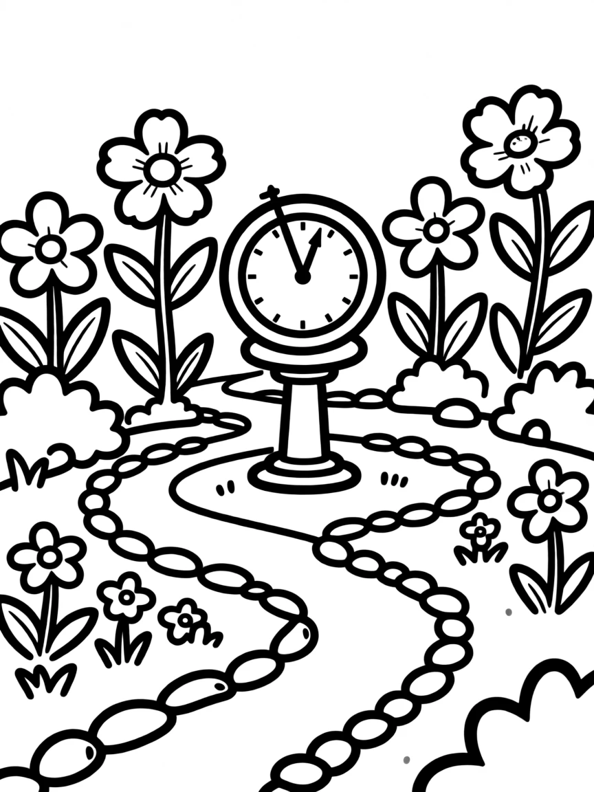 A spring flower garden with sundial and decorative paths