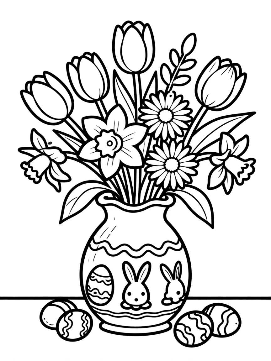 A still life of spring flowers in a decorative Easter vase