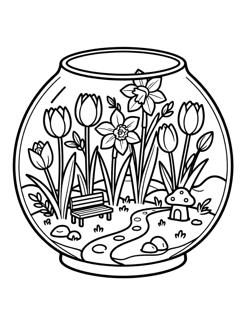 A terrarium filled with miniature spring flowers and scenes