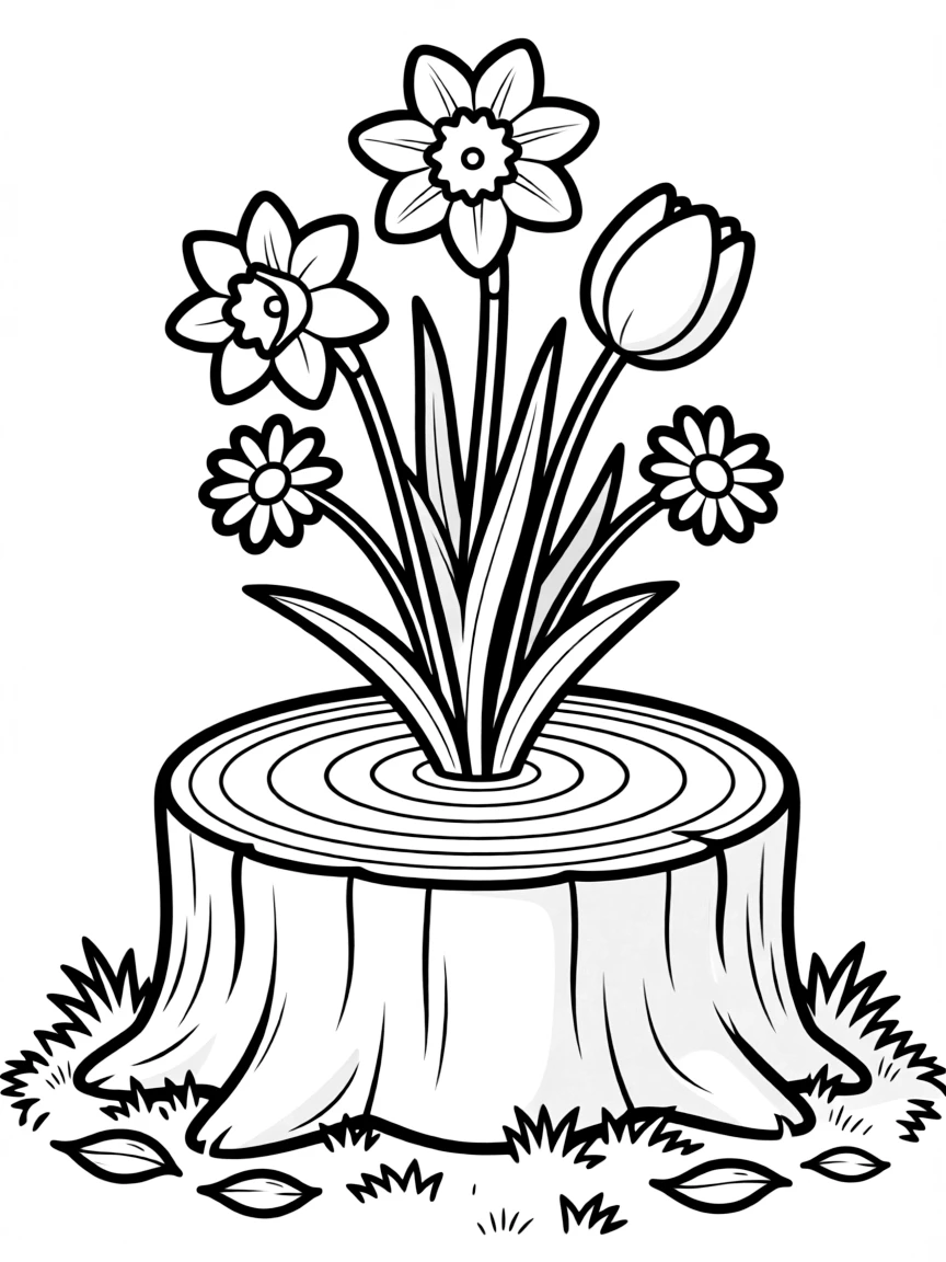 A tree stump with spring flowers growing from its center