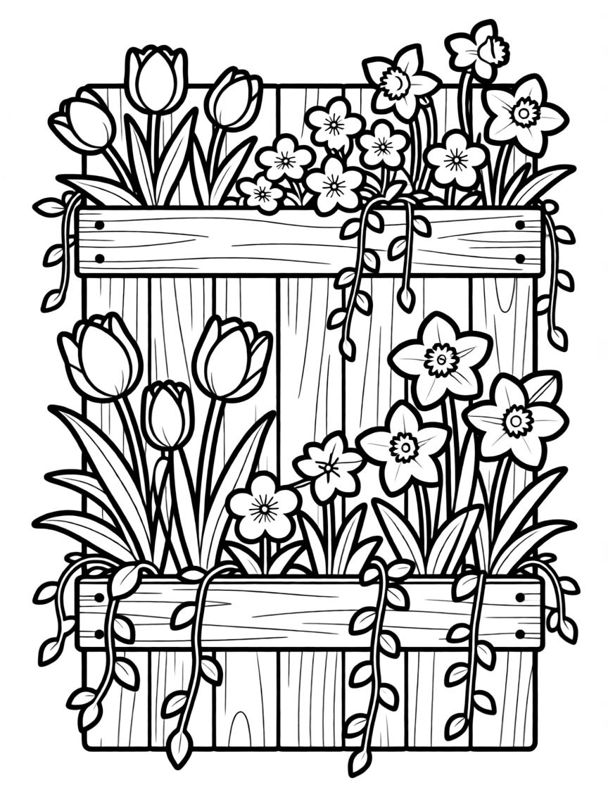 A vertical garden wall covered in spring blooms