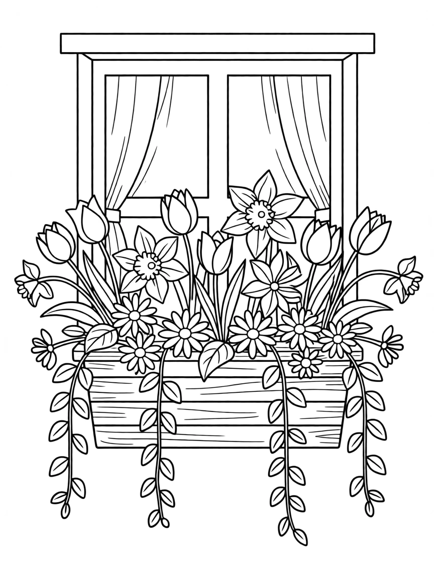 A window box filled with cascading spring flowers