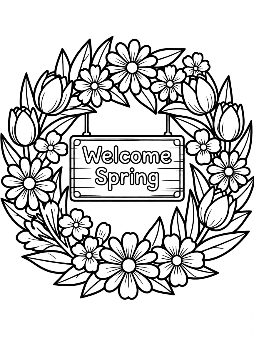 A wreath of spring flowers with a "Welcome Spring" sign