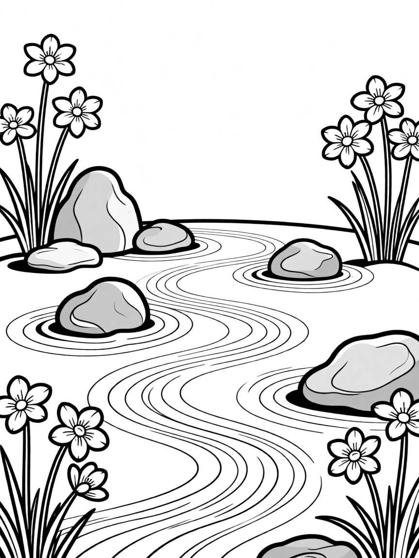 A zen garden with carefully arranged spring flowers and rocks