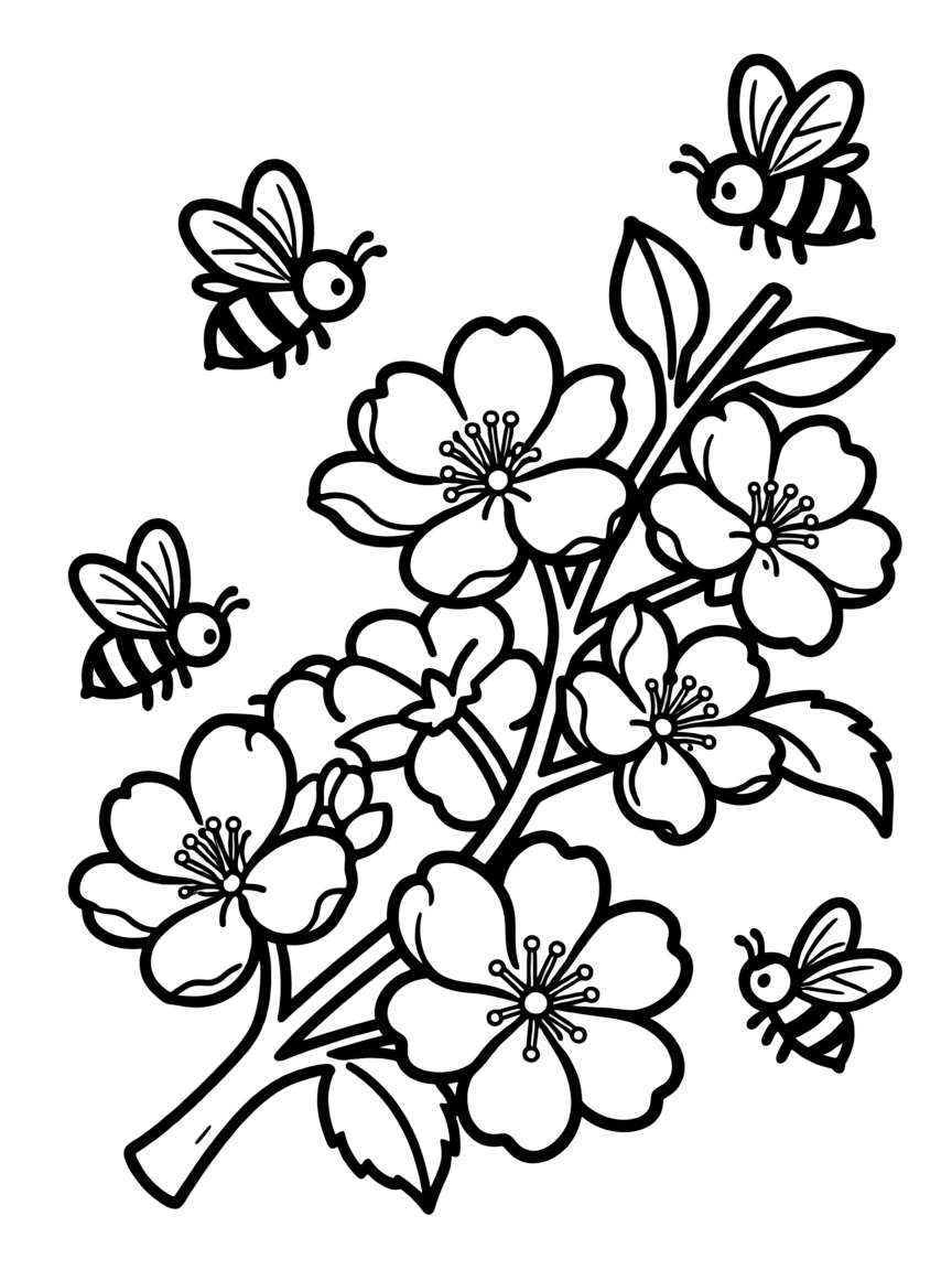 Apple blossoms with bees buzzing around the flowers