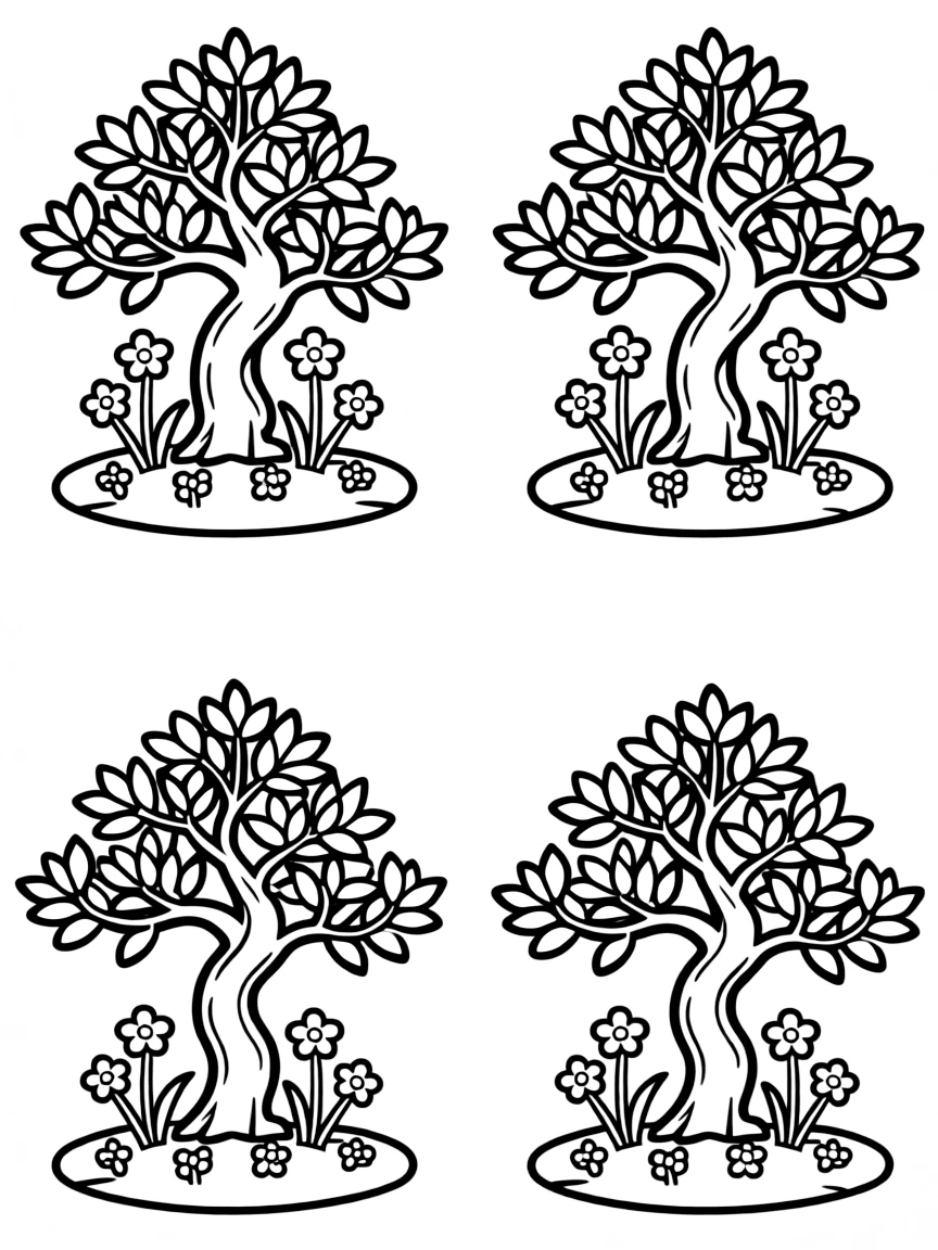 Bonsai trees with miniature spring flowers at their base