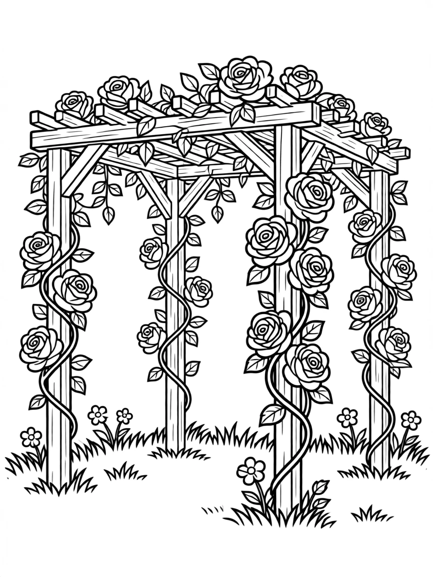 Climbing roses covering an arbor in a spring garden