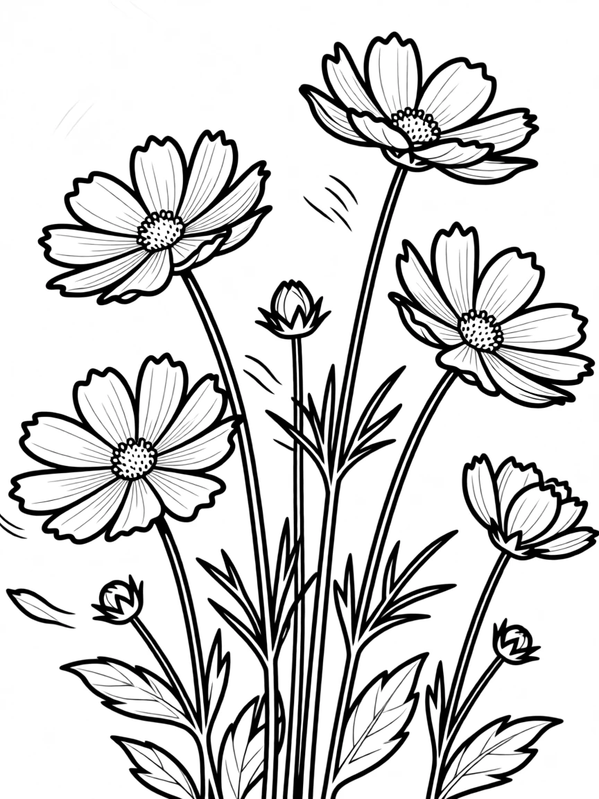 Cosmos flowers dancing in a spring breeze