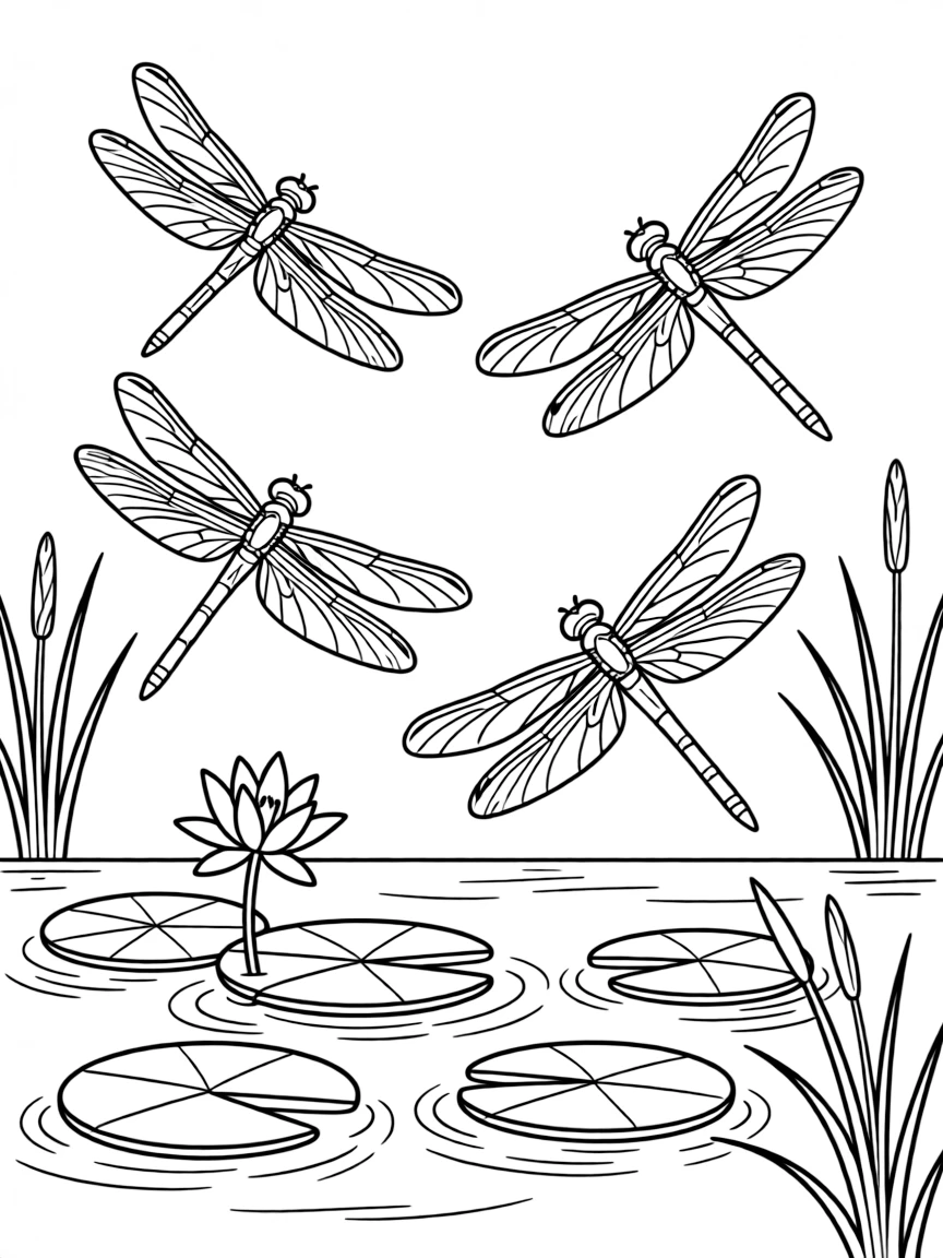 Dragonflies hovering over water plants in a spring pond