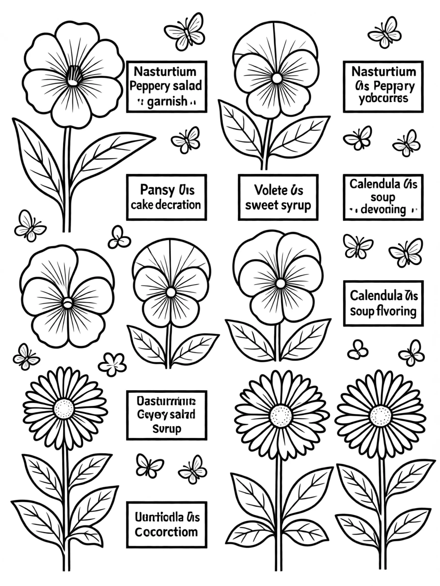 Edible flower garden with labeled culinary uses