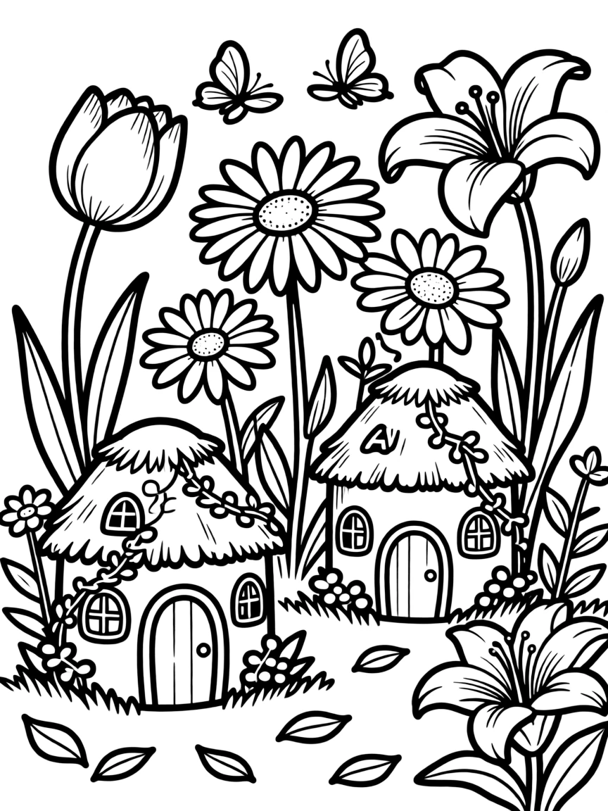 Fairy houses hidden among spring flower gardens