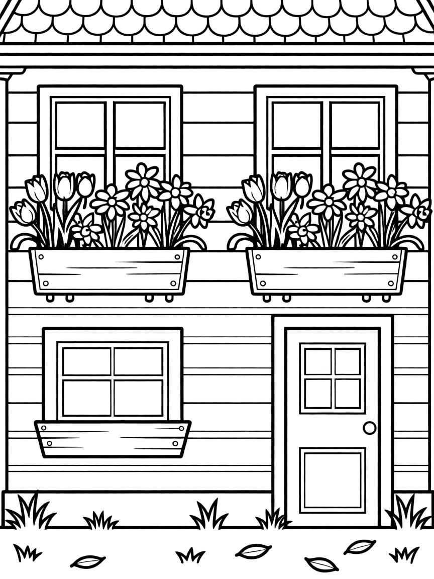 Flower boxes under windows filled with spring blooms