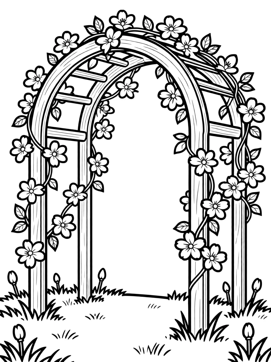 Garden archways covered in climbing spring flowers