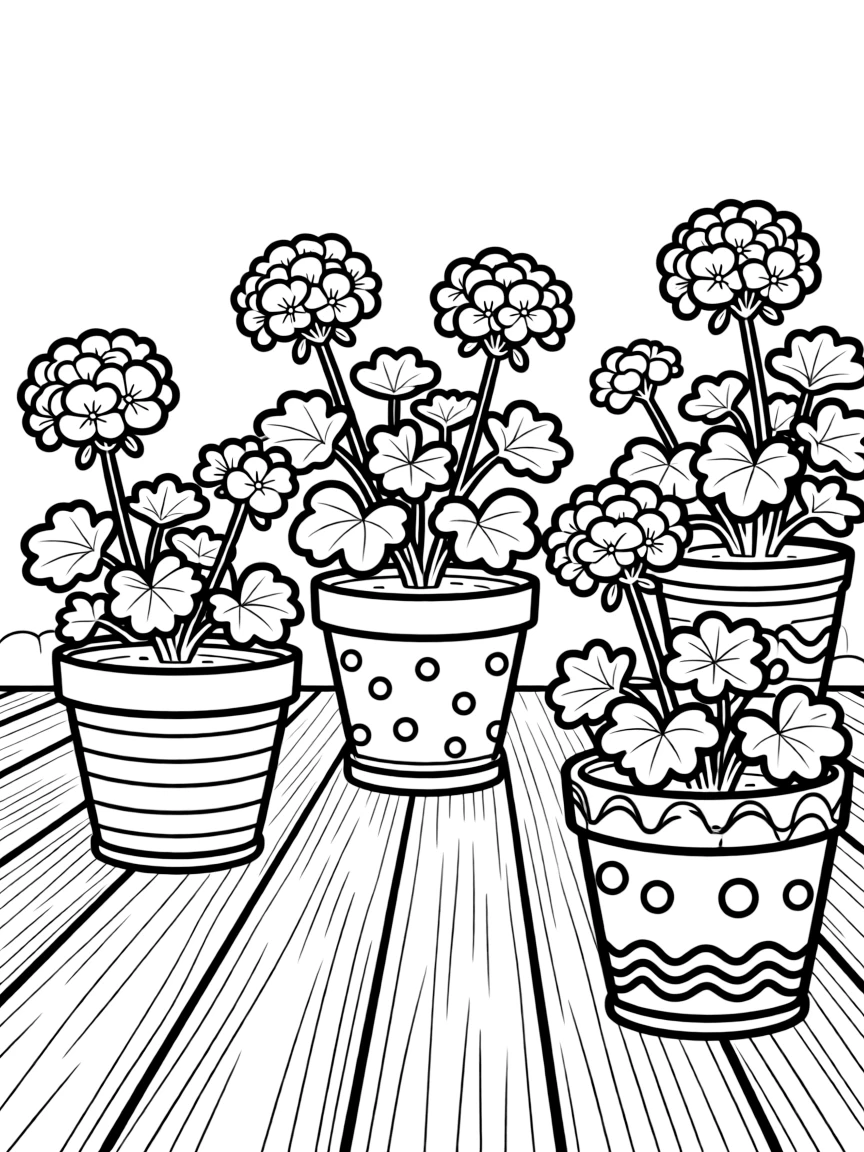 Geraniums in decorated pots on a spring patio
