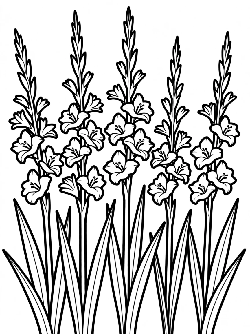 Gladiolus with their tall spikes of colorful flowers