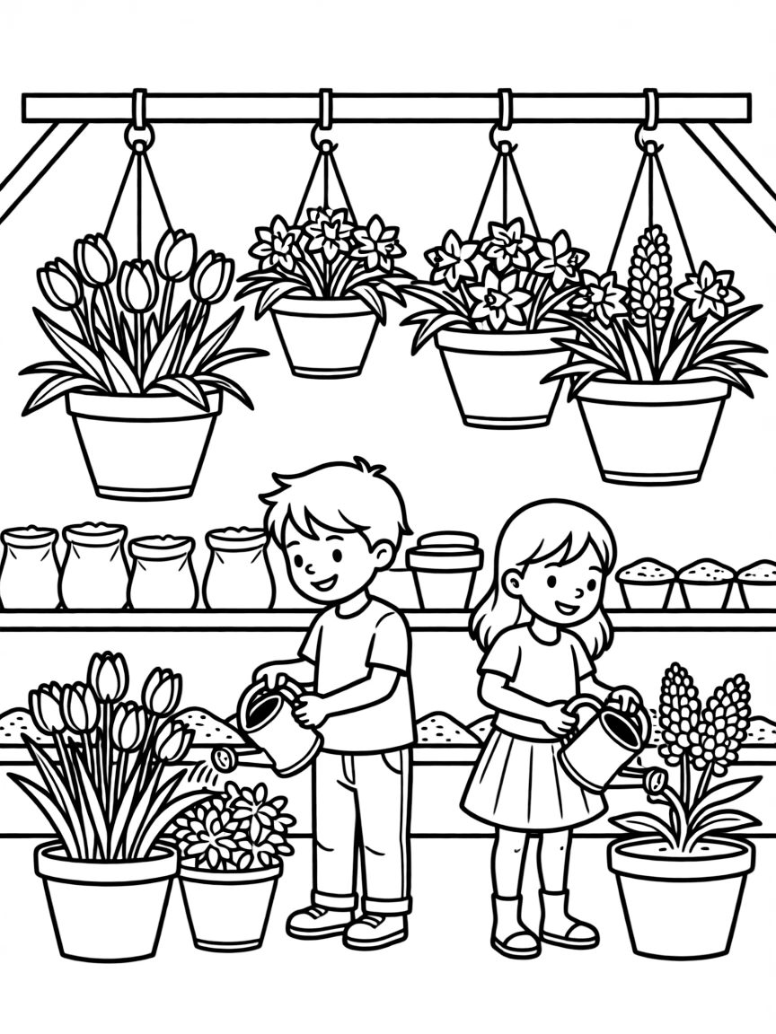 Hanging baskets of spring flowers at a garden center